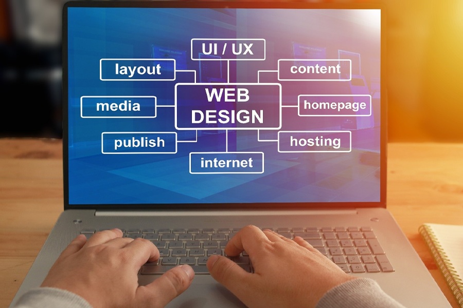 Hands on a laptop keyboard displaying a web design flowchart with terms like UI/UX, layout, content, homepage, hosting, internet, publish, media.